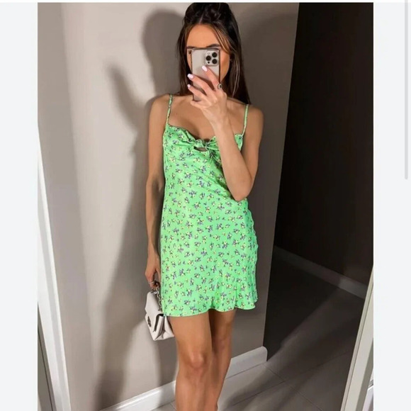 Zara Floral Satin Effect Knot Front Bustier Mini Dress Green Size Medium - Picture 1 of 12